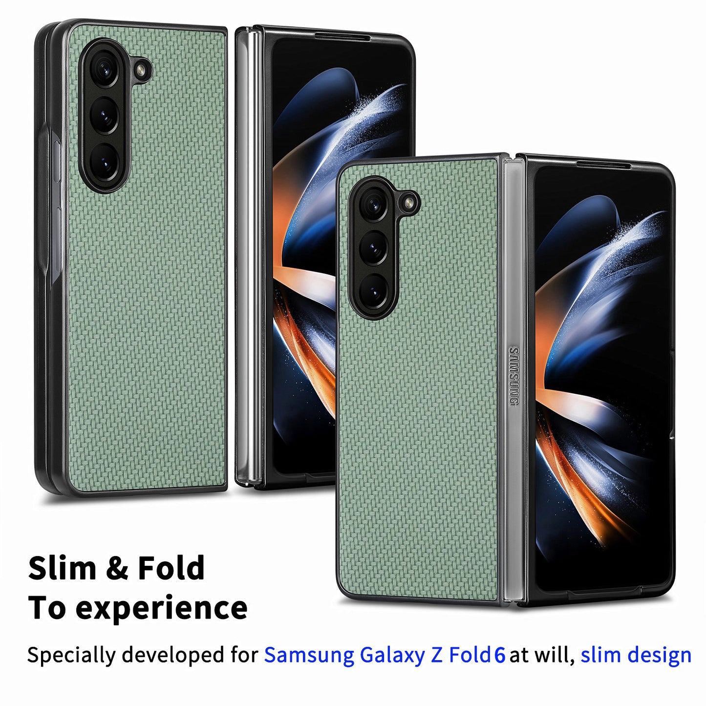 For Samsung Galaxy Z Fold6 5G Case Carbon Fiber Texture Leather Back Cover Anti-Slip - Green