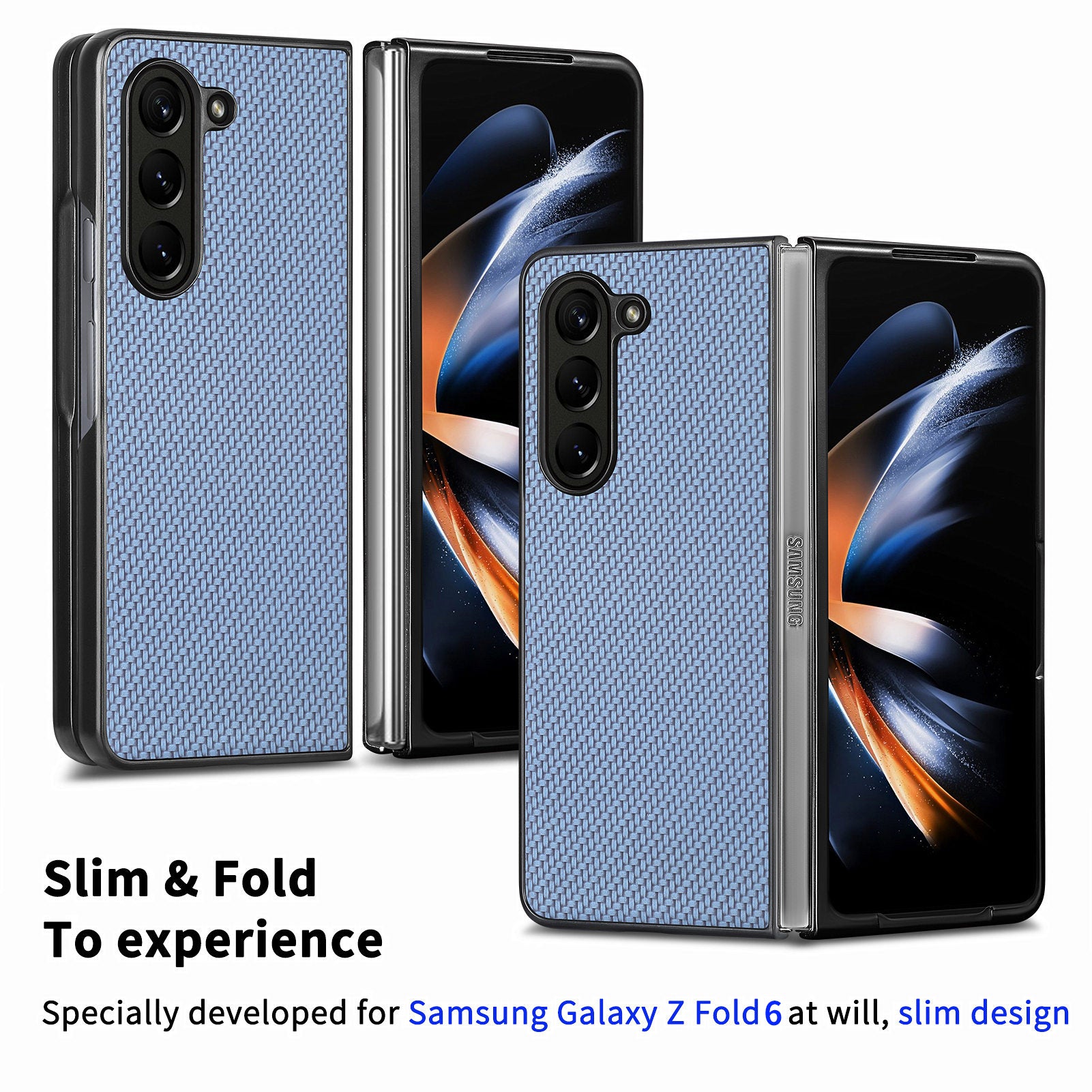 For Samsung Galaxy Z Fold6 5G Case Carbon Fiber Texture Leather Back Cover Anti-Slip - Blue