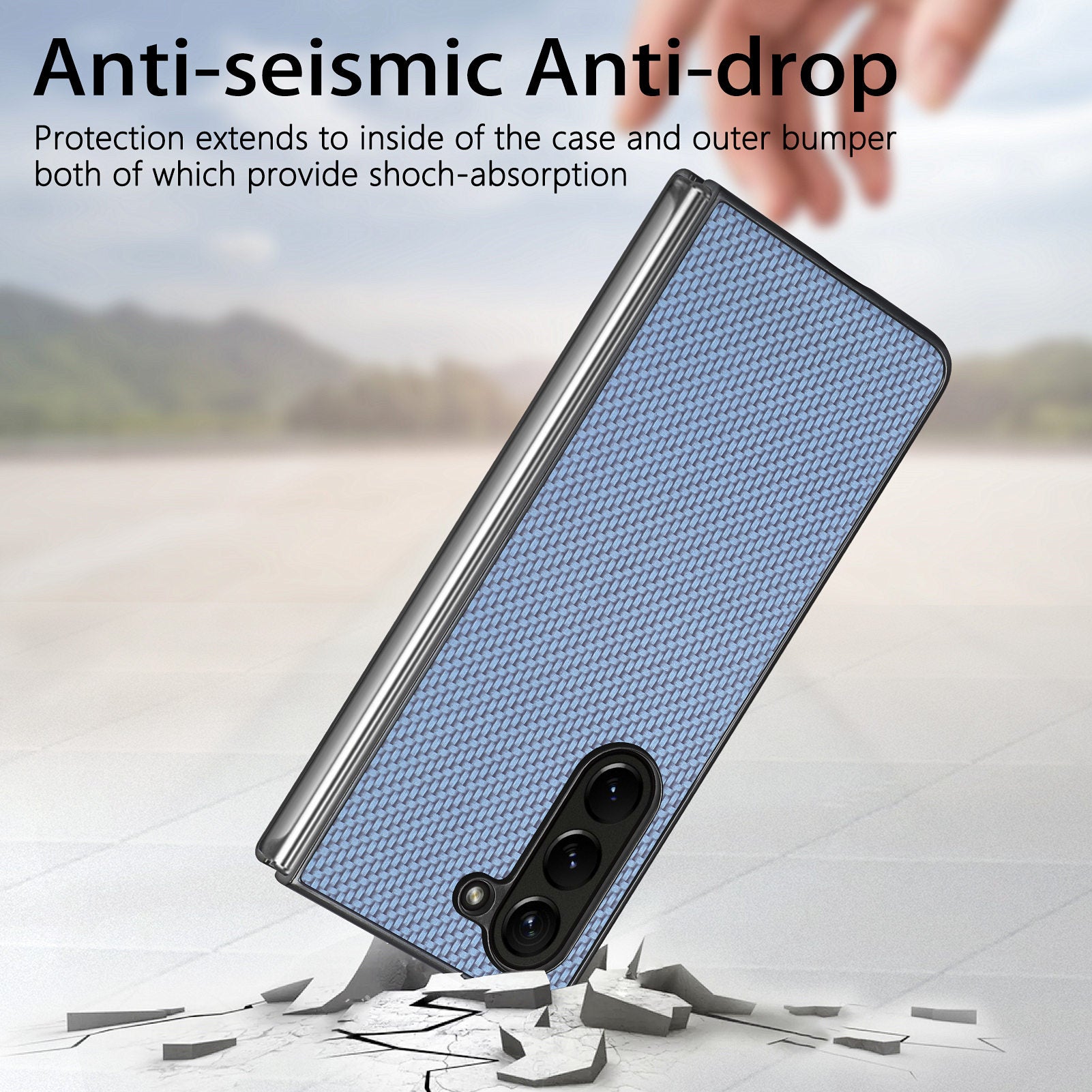 For Samsung Galaxy Z Fold6 5G Case Carbon Fiber Texture Leather Back Cover Anti-Slip - Blue