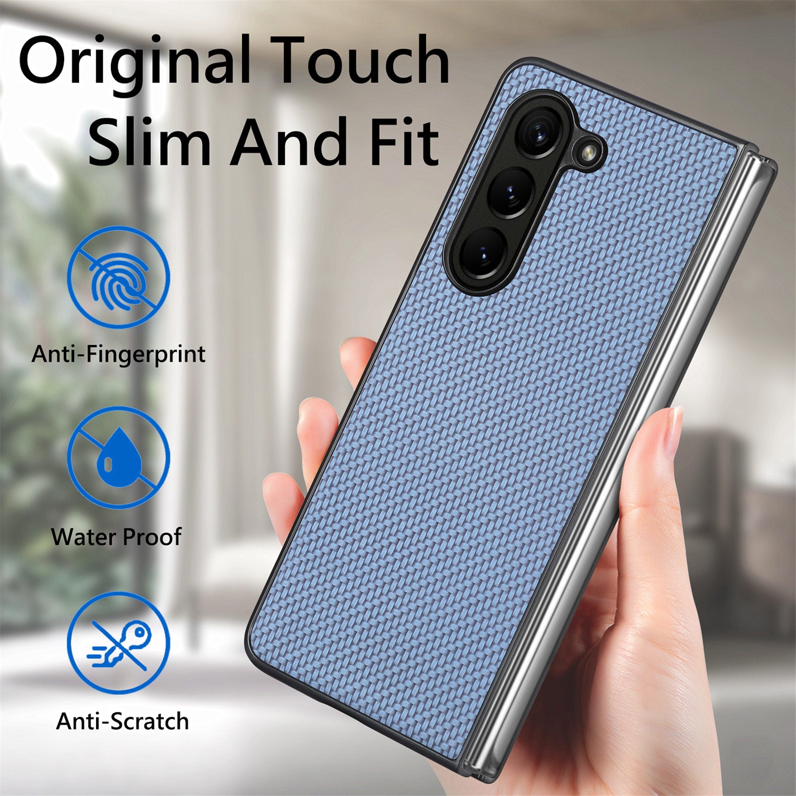 For Samsung Galaxy Z Fold6 5G Case Carbon Fiber Texture Leather Back Cover Anti-Slip - Blue