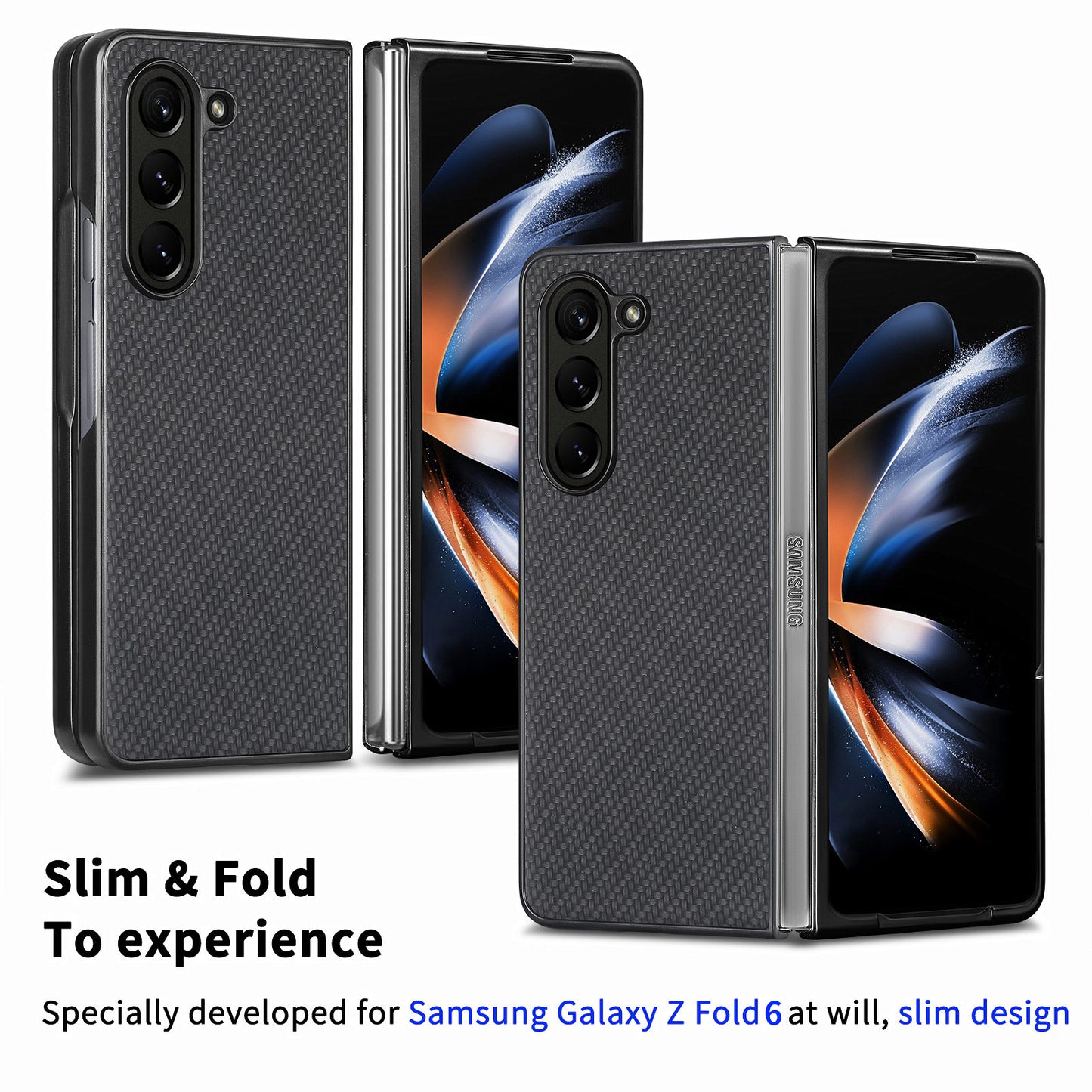 For Samsung Galaxy Z Fold6 5G Case Carbon Fiber Texture Leather Back Cover Anti-Slip - Black