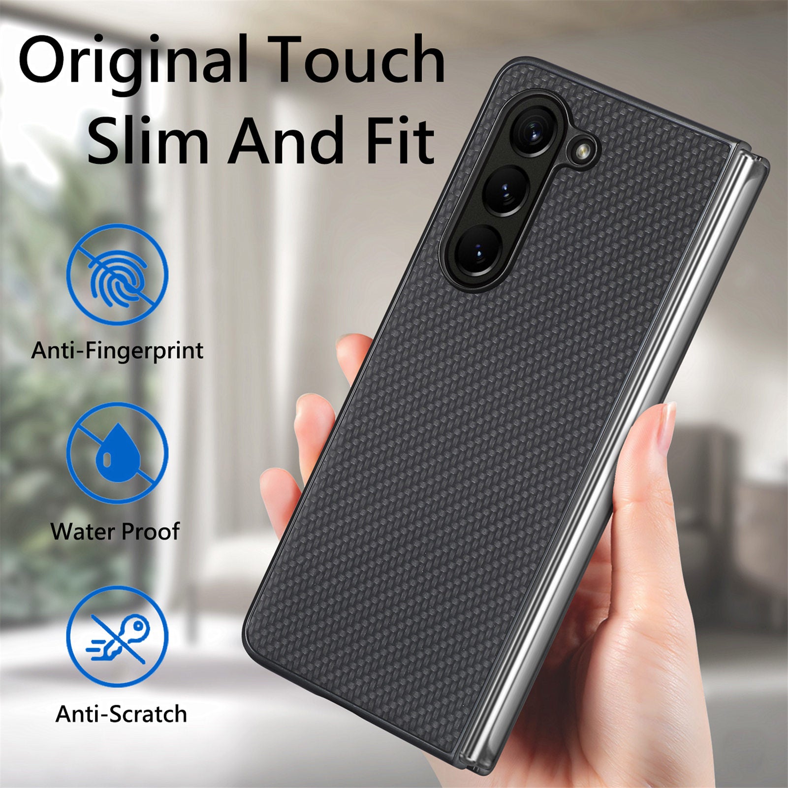 For Samsung Galaxy Z Fold6 5G Case Carbon Fiber Texture Leather Back Cover Anti-Slip - Black