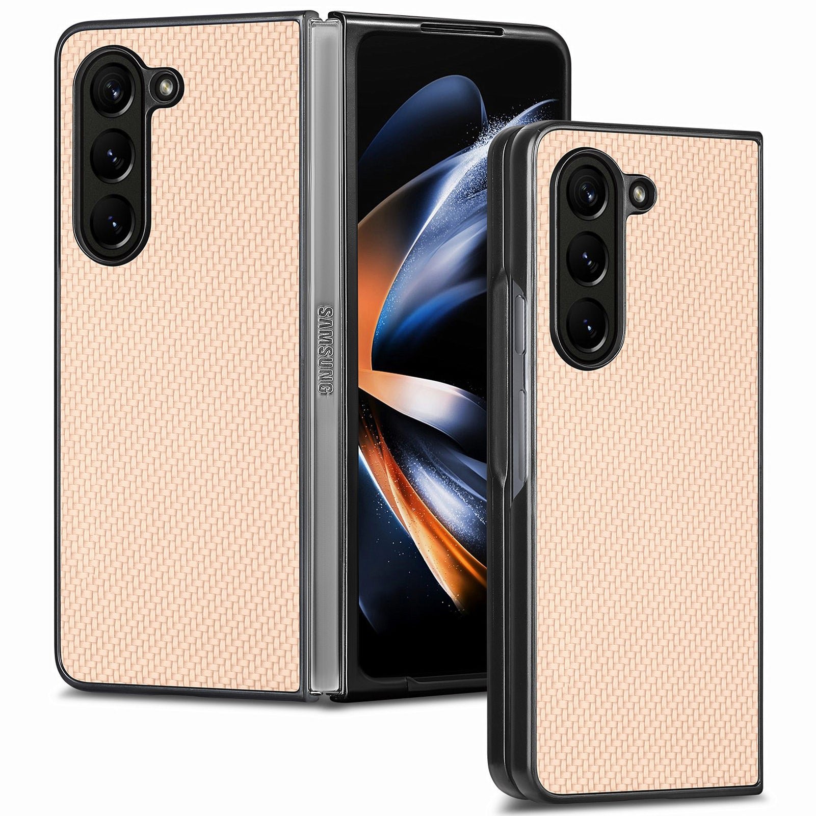 For Samsung Galaxy Z Fold6 5G Case Carbon Fiber Texture Leather Back Cover Anti-Slip - Khaki
