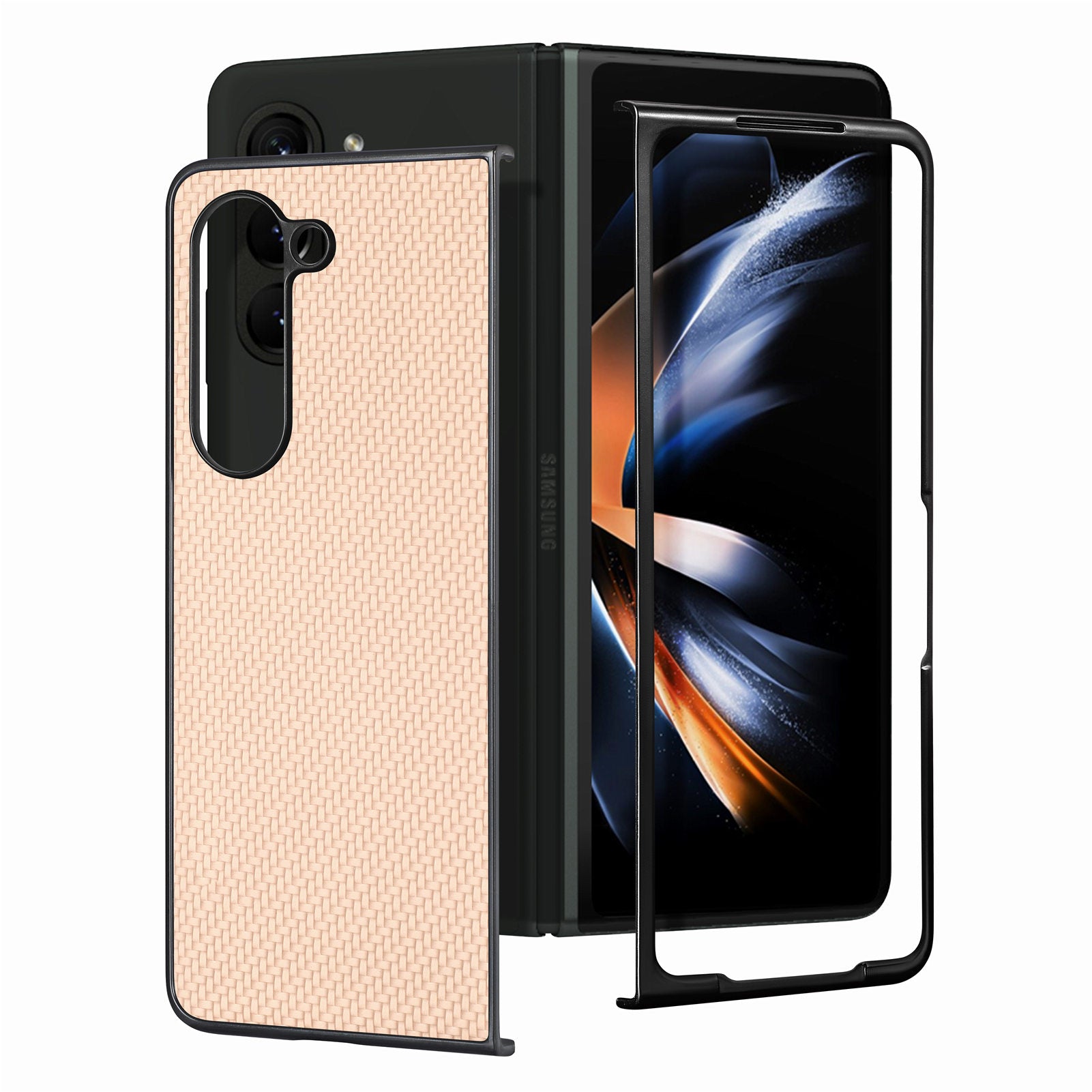 For Samsung Galaxy Z Fold6 5G Case Carbon Fiber Texture Leather Back Cover Anti-Slip - Khaki
