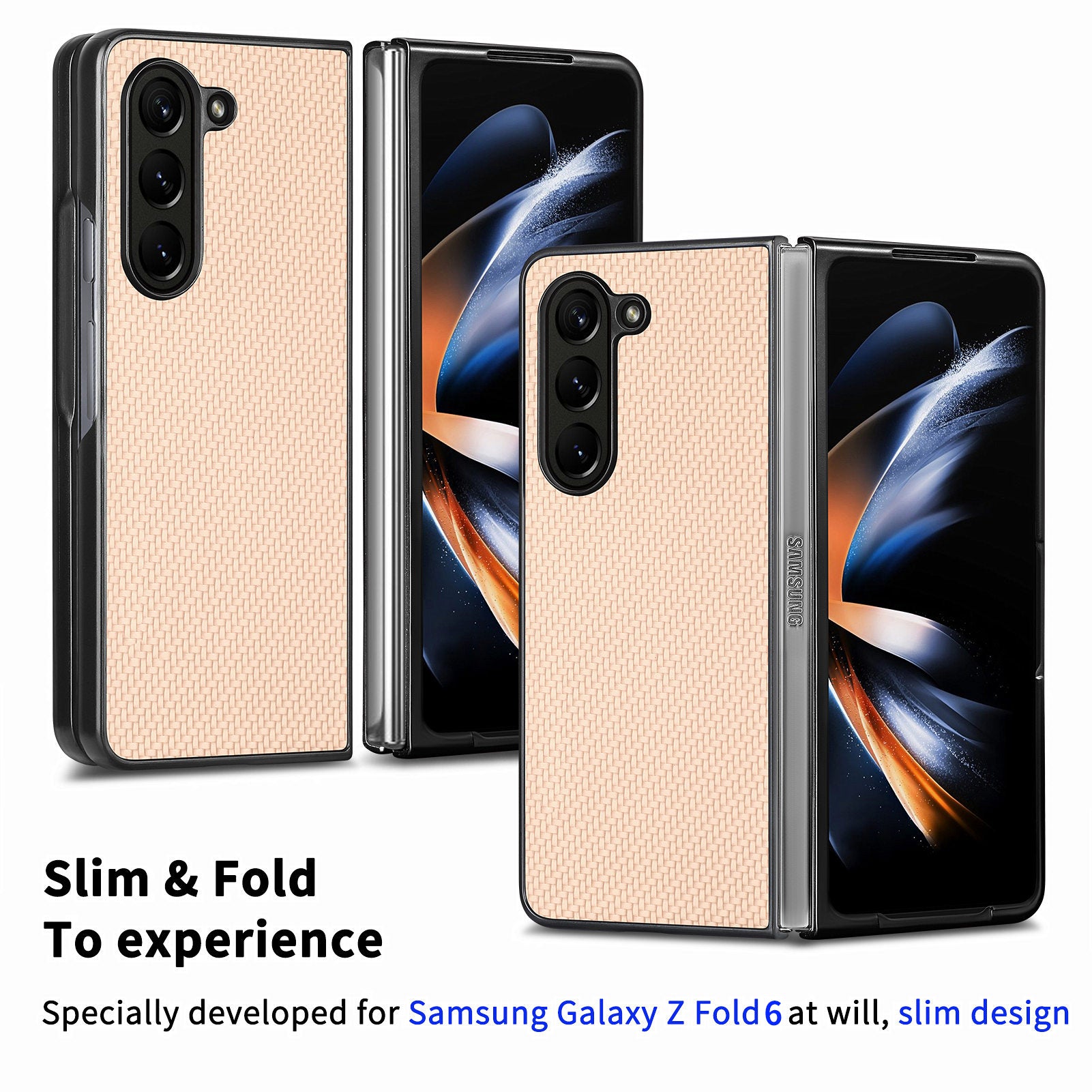 For Samsung Galaxy Z Fold6 5G Case Carbon Fiber Texture Leather Back Cover Anti-Slip - Khaki