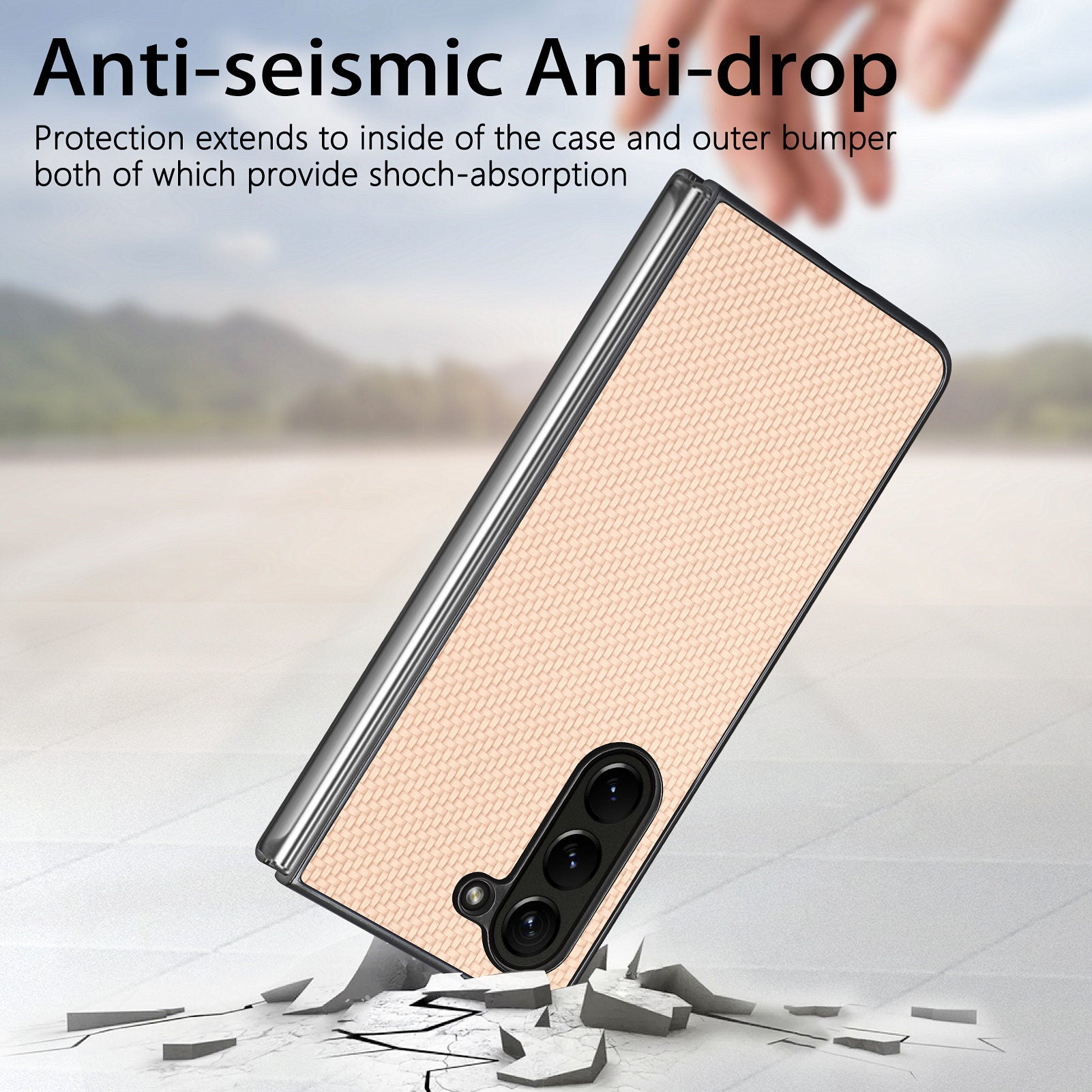 For Samsung Galaxy Z Fold6 5G Case Carbon Fiber Texture Leather Back Cover Anti-Slip - Khaki