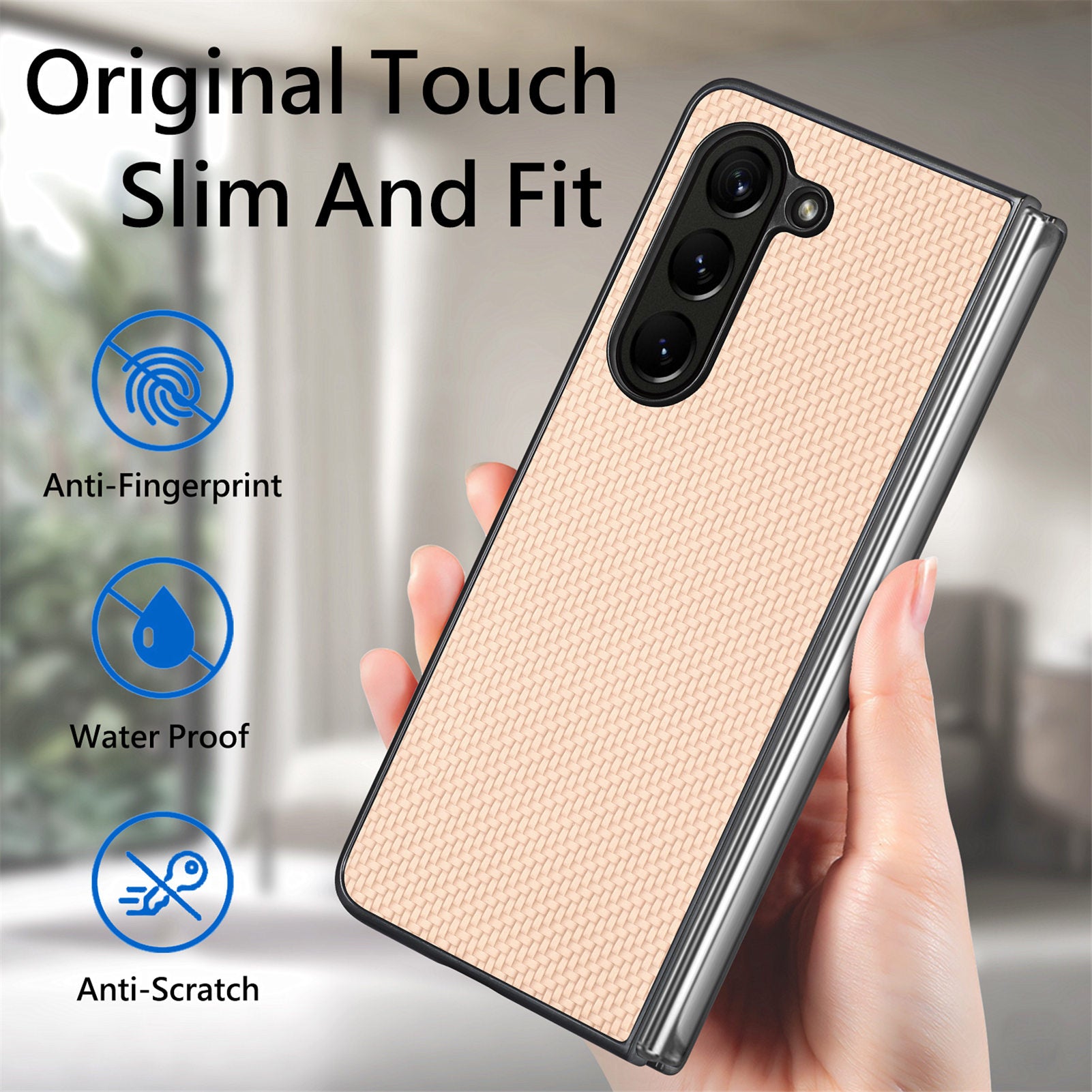 For Samsung Galaxy Z Fold6 5G Case Carbon Fiber Texture Leather Back Cover Anti-Slip - Khaki