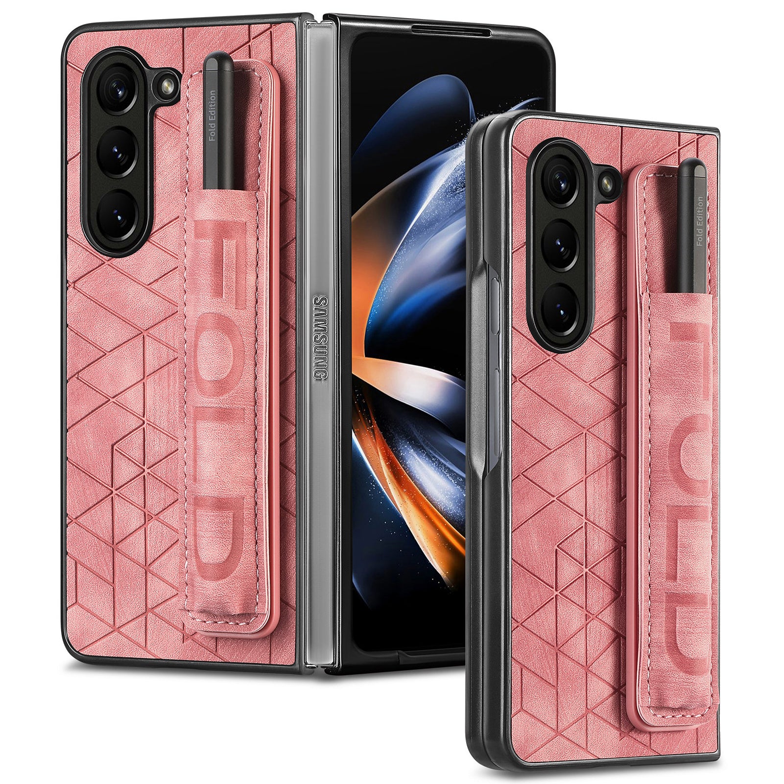 For Samsung Galaxy Z Fold6 5G Case Wrist Band Leather+PC Cover with Pen Slot - Pink