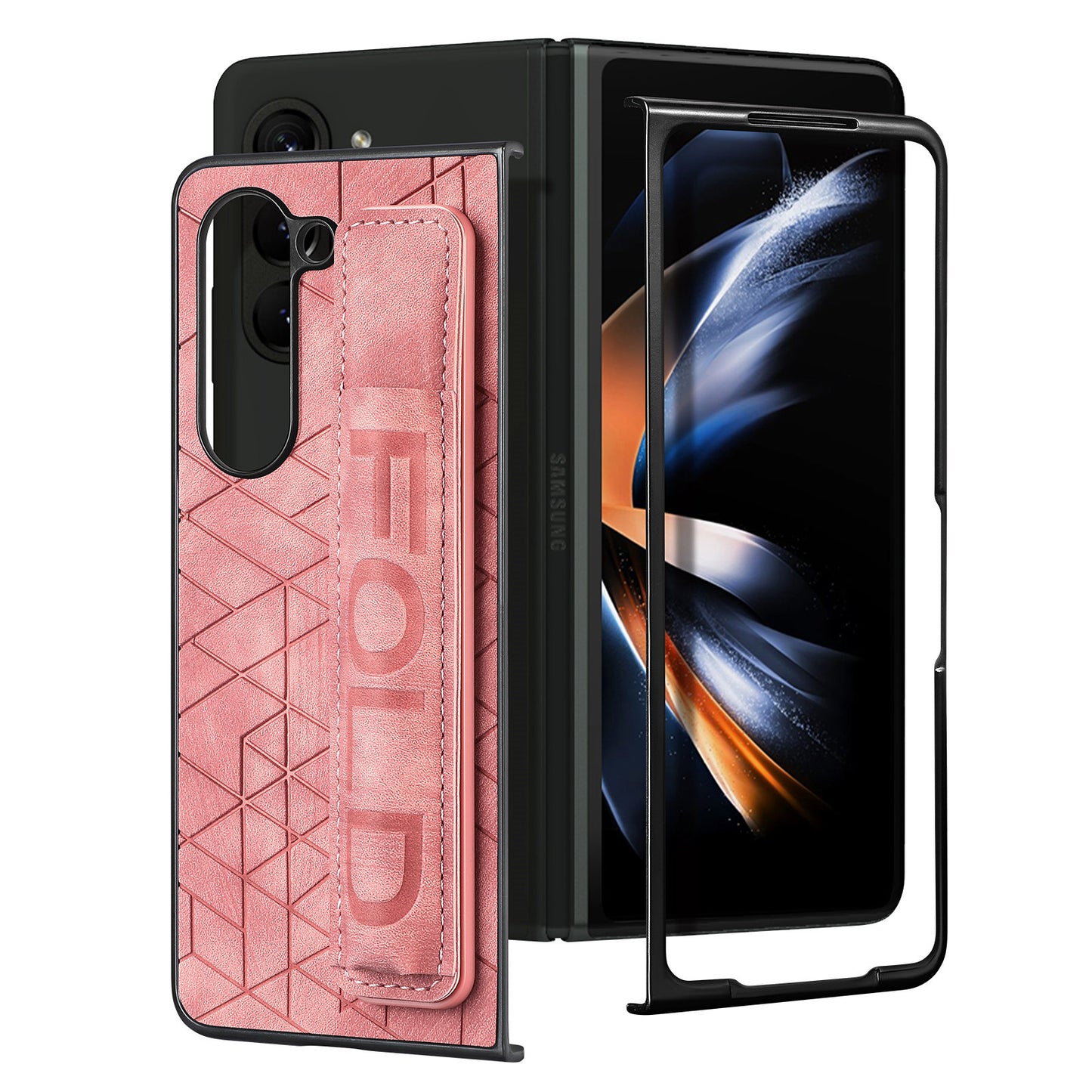 For Samsung Galaxy Z Fold6 5G Case Wrist Band Leather+PC Cover with Pen Slot - Pink