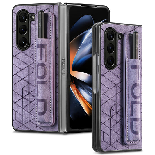 For Samsung Galaxy Z Fold6 5G Case Wrist Band Leather+PC Cover with Pen Slot - Purple