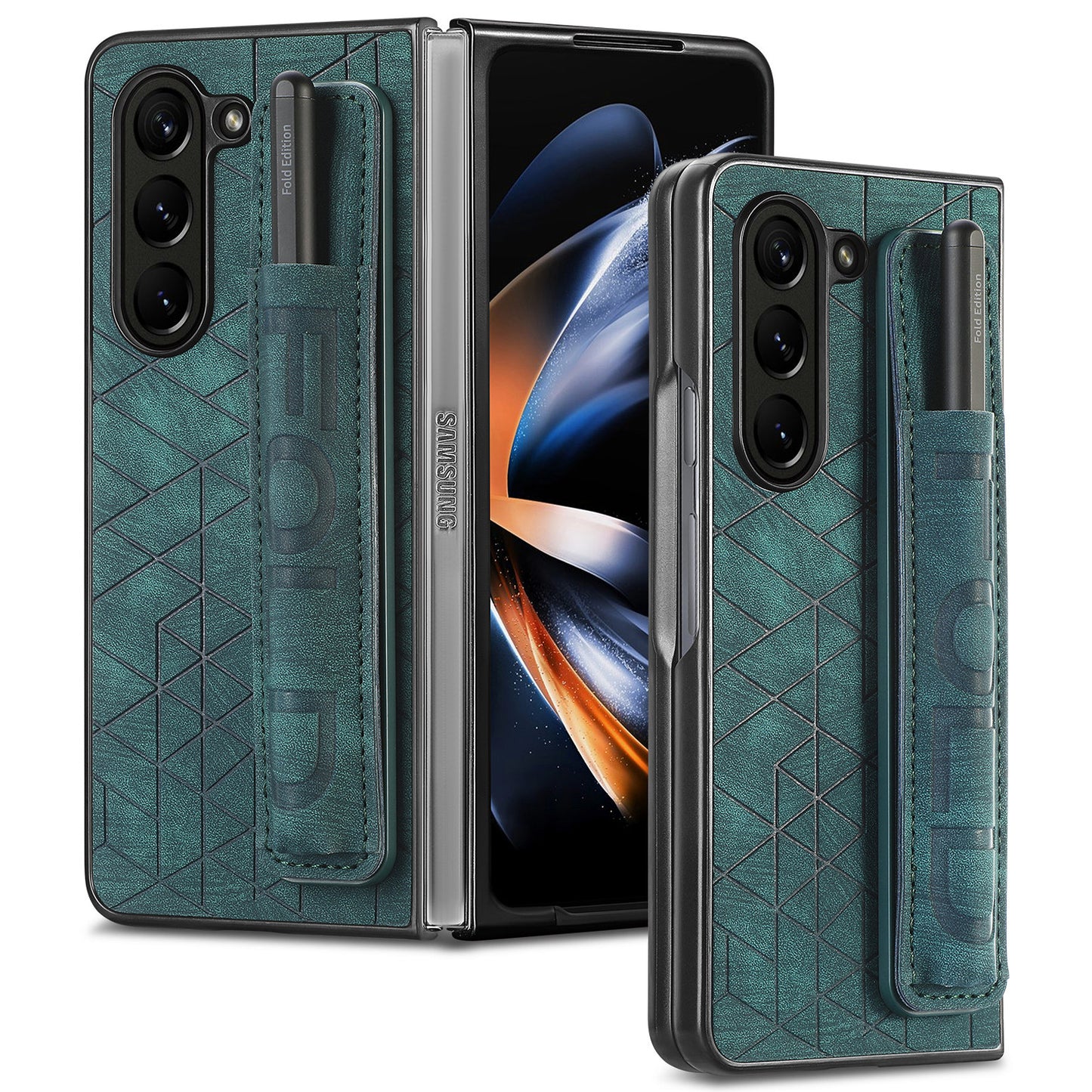 For Samsung Galaxy Z Fold6 5G Case Wrist Band Leather+PC Cover with Pen Slot - Green