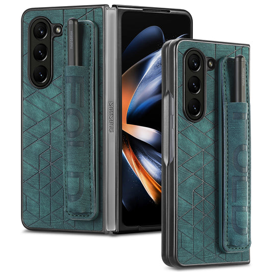 For Samsung Galaxy Z Fold6 5G Case Wrist Band Leather+PC Cover with Pen Slot - Green