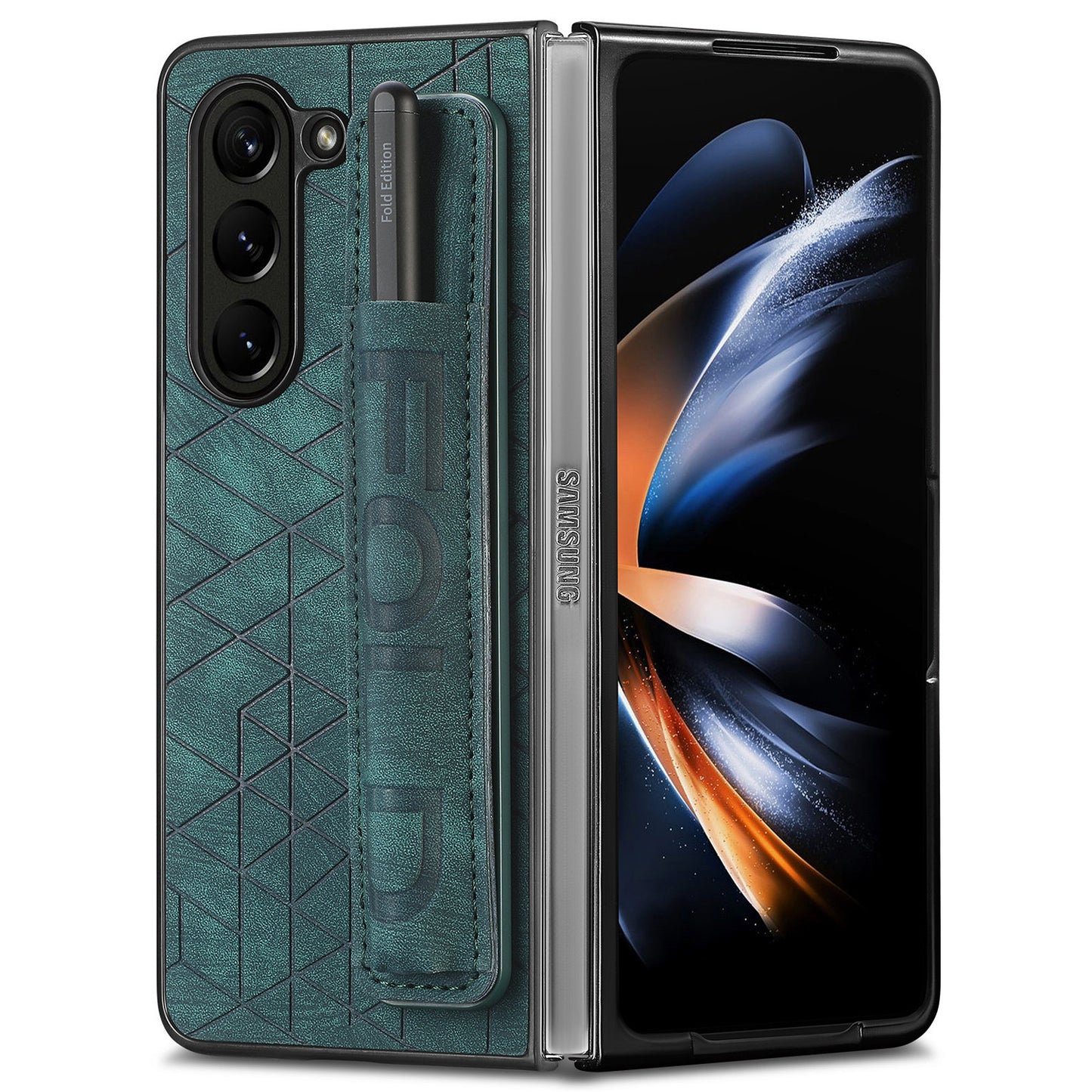 For Samsung Galaxy Z Fold6 5G Case Wrist Band Leather+PC Cover with Pen Slot - Green