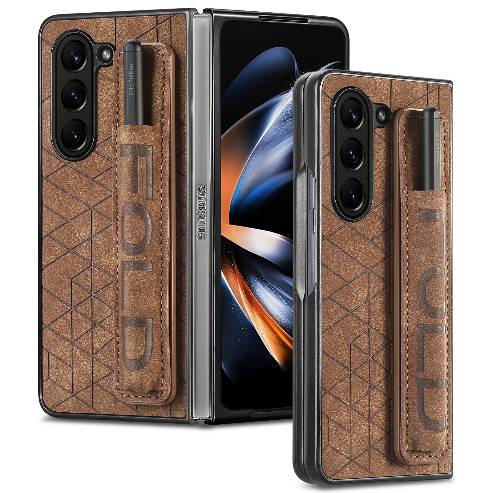 For Samsung Galaxy Z Fold6 5G Case Wrist Band Leather+PC Cover with Pen Slot - Brown