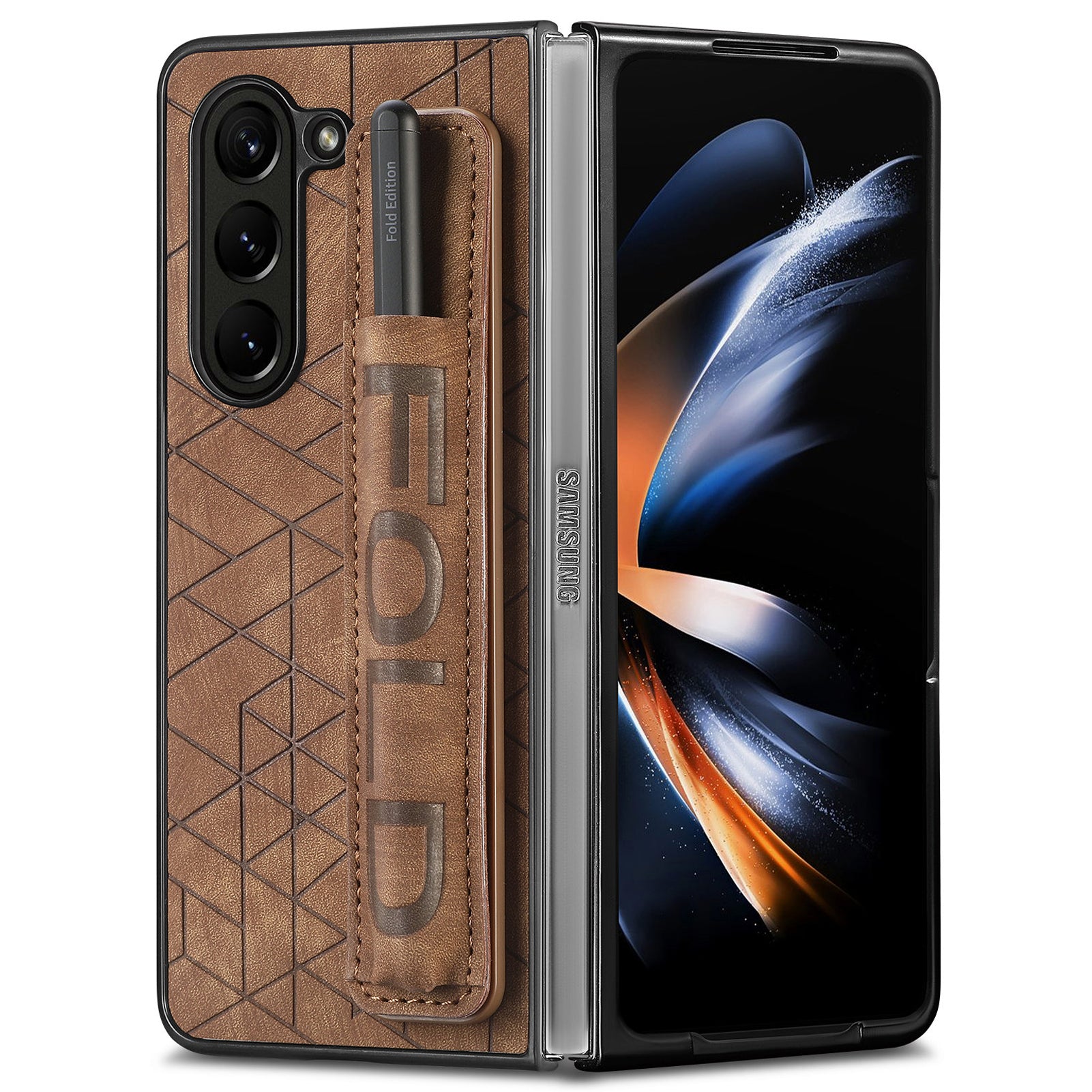 For Samsung Galaxy Z Fold6 5G Case Wrist Band Leather+PC Cover with Pen Slot - Brown