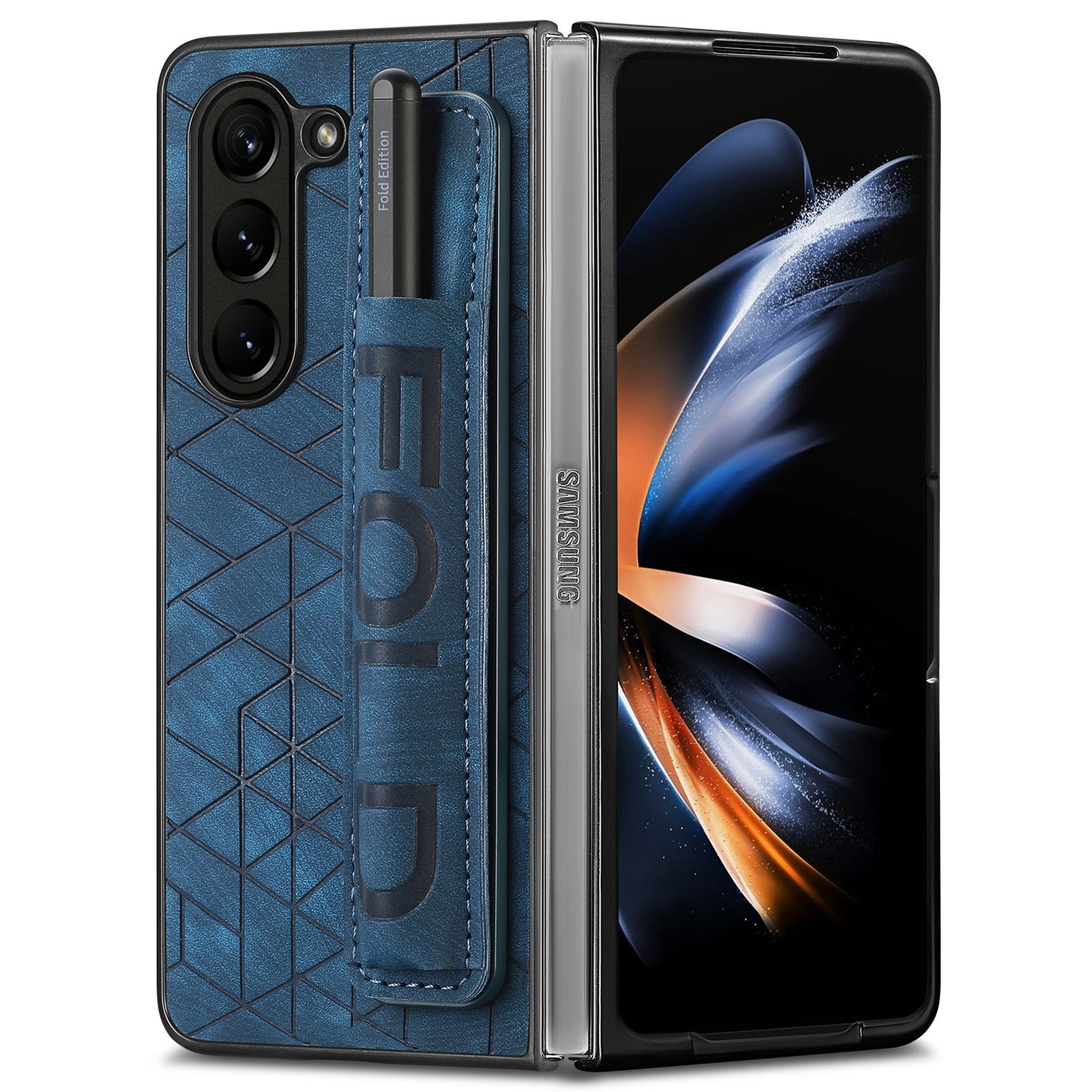 For Samsung Galaxy Z Fold6 5G Case Wrist Band Leather+PC Cover with Pen Slot - Blue
