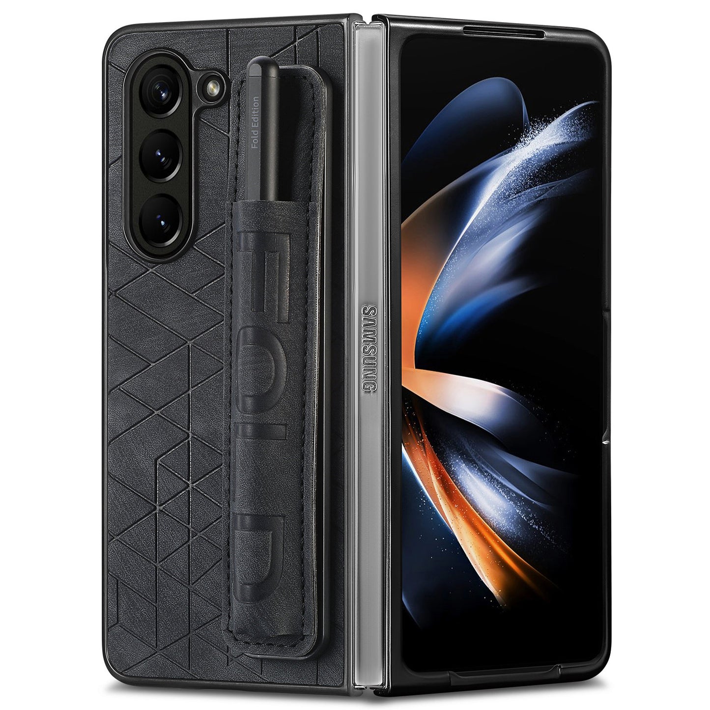 For Samsung Galaxy Z Fold6 5G Case Wrist Band Leather+PC Cover with Pen Slot - Black