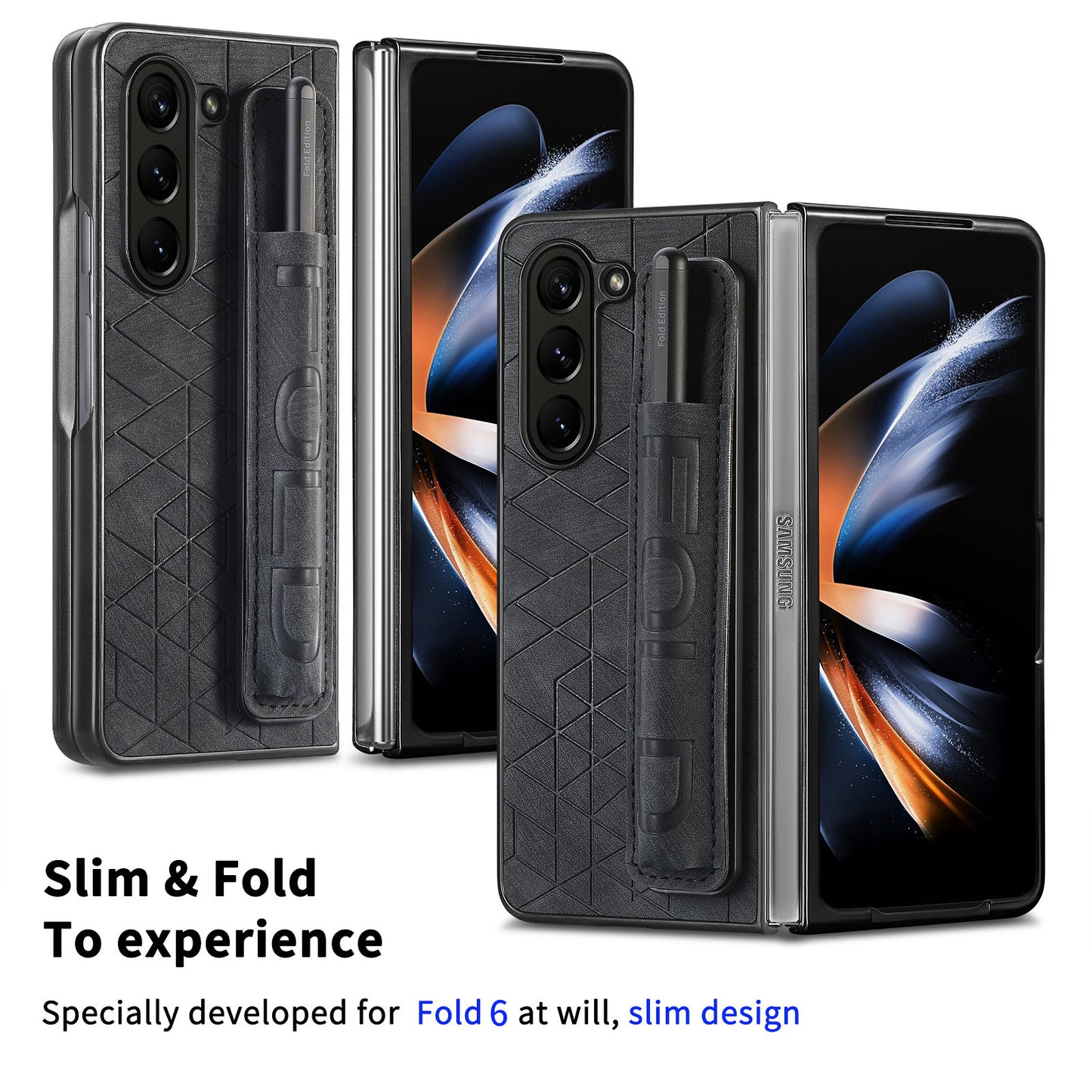 For Samsung Galaxy Z Fold6 5G Case Wrist Band Leather+PC Cover with Pen Slot - Black