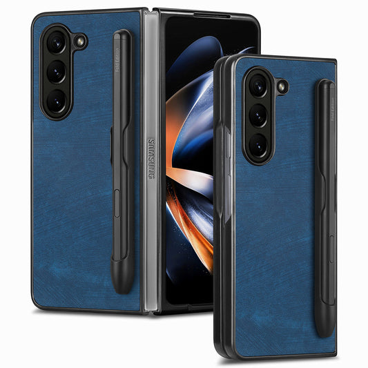 For Samsung Galaxy Z Fold6 5G Case Retro PU Leather+PC Cover with Pen Slot - Blue