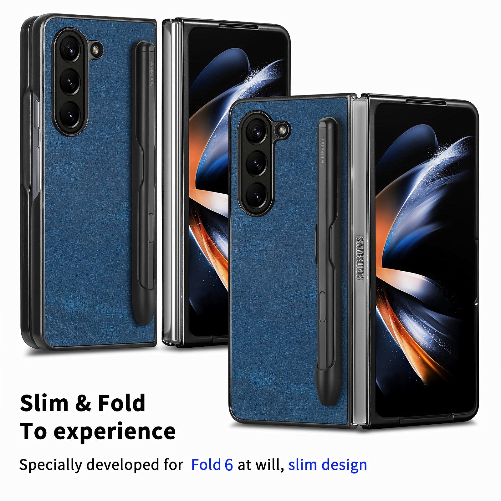 For Samsung Galaxy Z Fold6 5G Case Retro PU Leather+PC Cover with Pen Slot - Blue