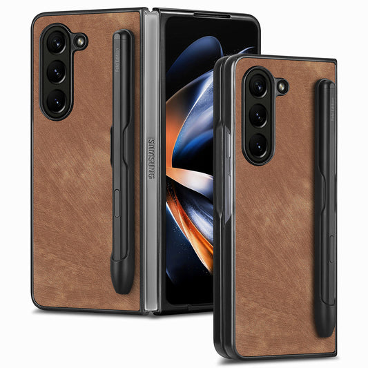 For Samsung Galaxy Z Fold6 5G Case Retro PU Leather+PC Cover with Pen Slot - Brown