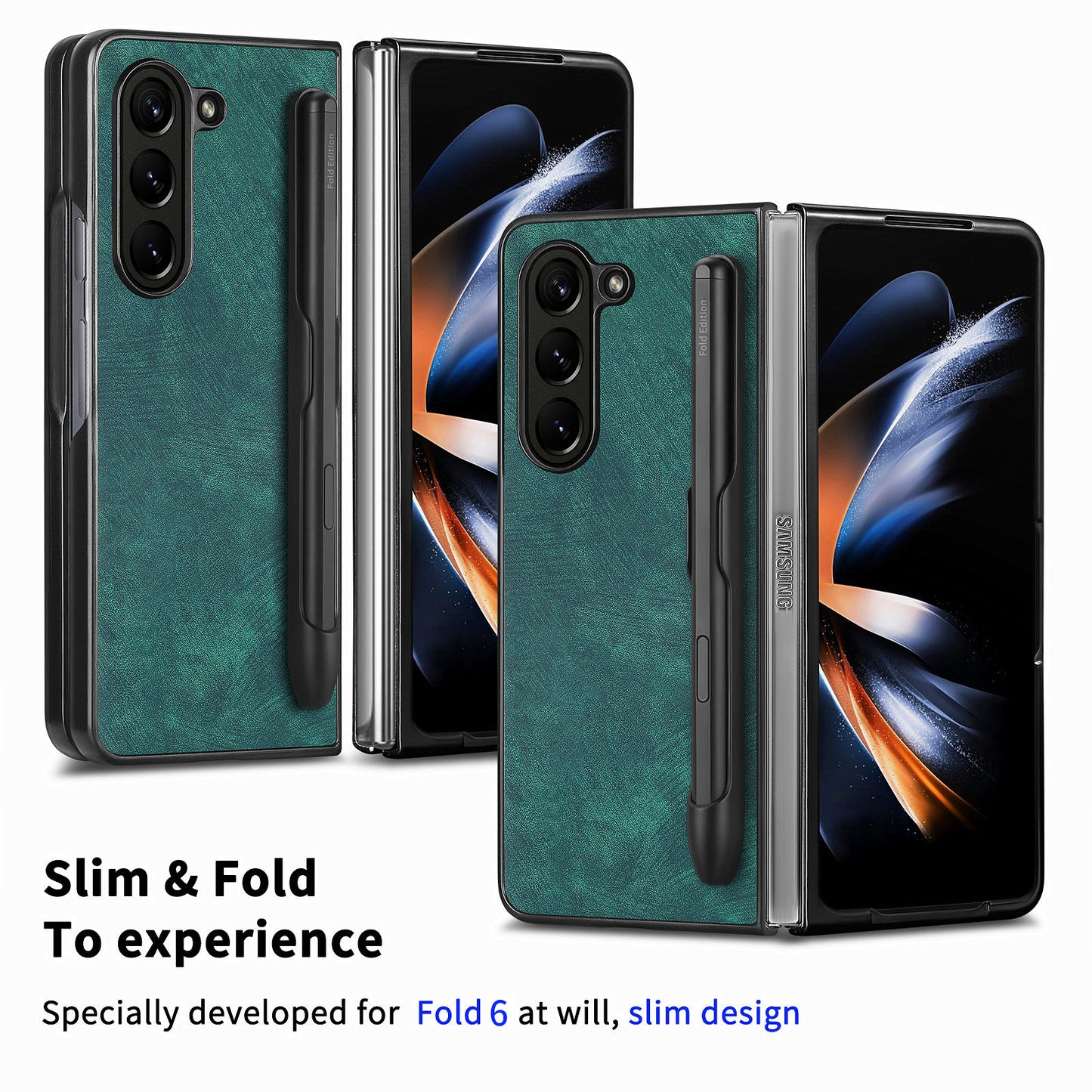 For Samsung Galaxy Z Fold6 5G Case Retro PU Leather+PC Cover with Pen Slot - Green