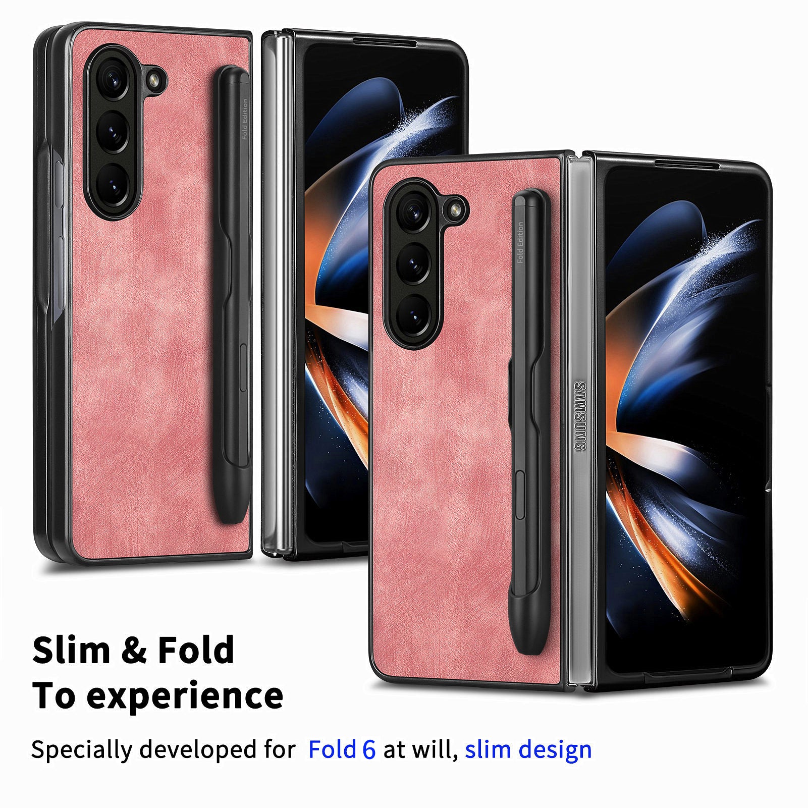 For Samsung Galaxy Z Fold6 5G Case Retro PU Leather+PC Cover with Pen Slot - Pink