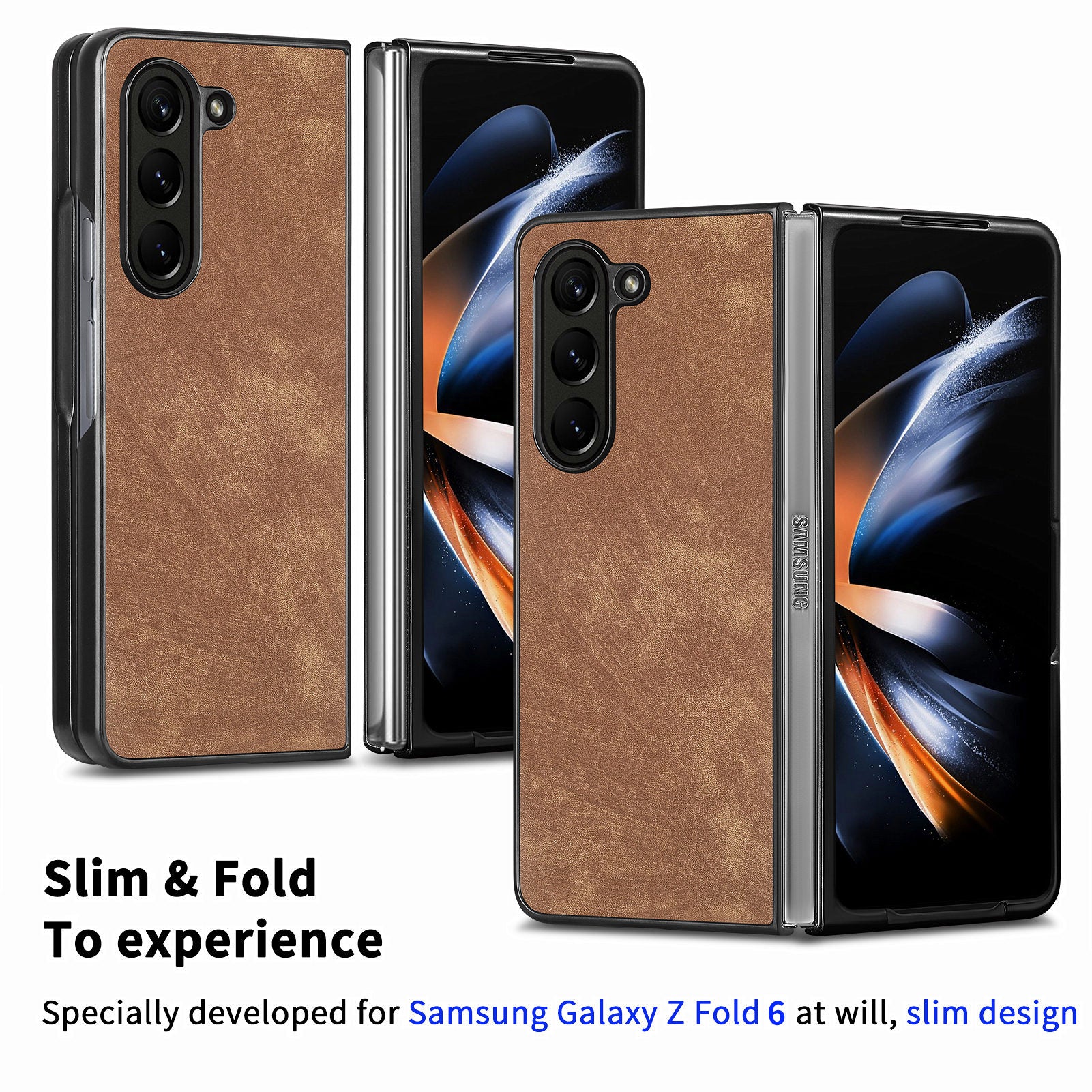 For Samsung Galaxy Z Fold6 5G Case Retro PU Leather Coated PC Folding Phone Cover - Brown