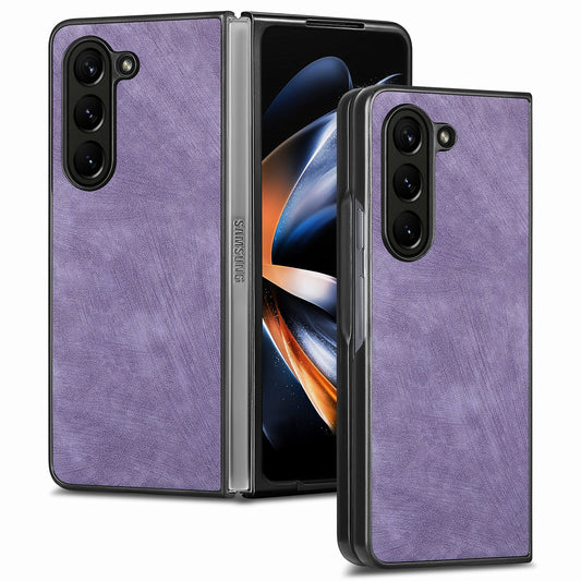 For Samsung Galaxy Z Fold6 5G Case Retro PU Leather Coated PC Folding Phone Cover - Purple