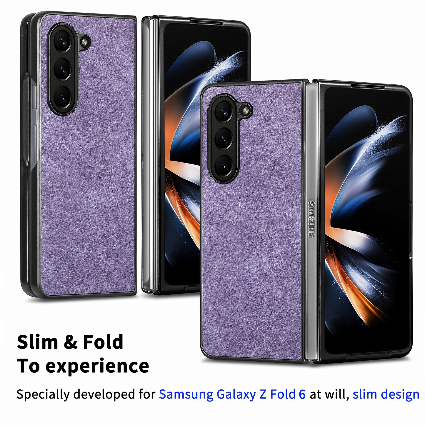 For Samsung Galaxy Z Fold6 5G Case Retro PU Leather Coated PC Folding Phone Cover - Purple