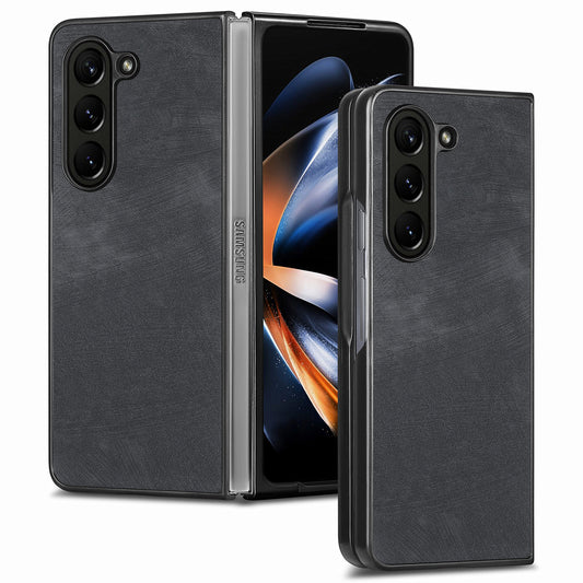 For Samsung Galaxy Z Fold6 5G Case Retro PU Leather Coated PC Folding Phone Cover - Black