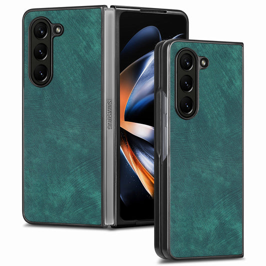 For Samsung Galaxy Z Fold6 5G Case Retro PU Leather Coated PC Folding Phone Cover - Green
