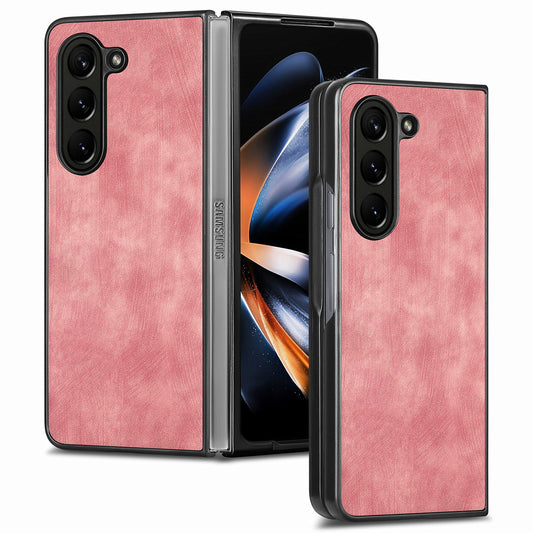 For Samsung Galaxy Z Fold6 5G Case Retro PU Leather Coated PC Folding Phone Cover - Pink