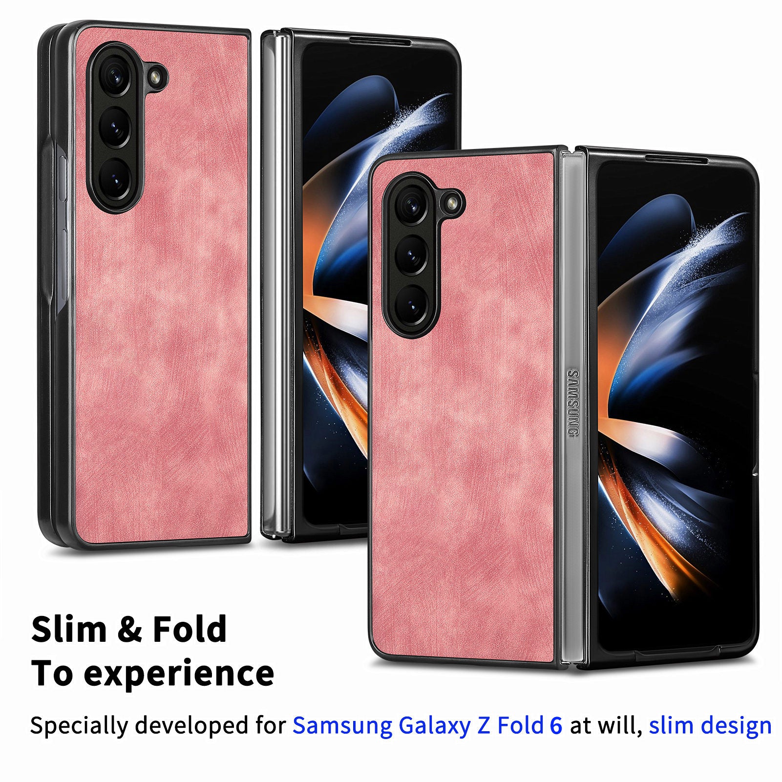 For Samsung Galaxy Z Fold6 5G Case Retro PU Leather Coated PC Folding Phone Cover - Pink