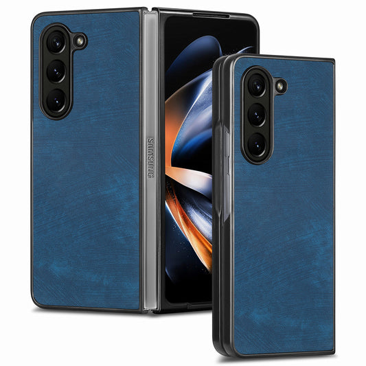 For Samsung Galaxy Z Fold6 5G Case Retro PU Leather Coated PC Folding Phone Cover - Blue