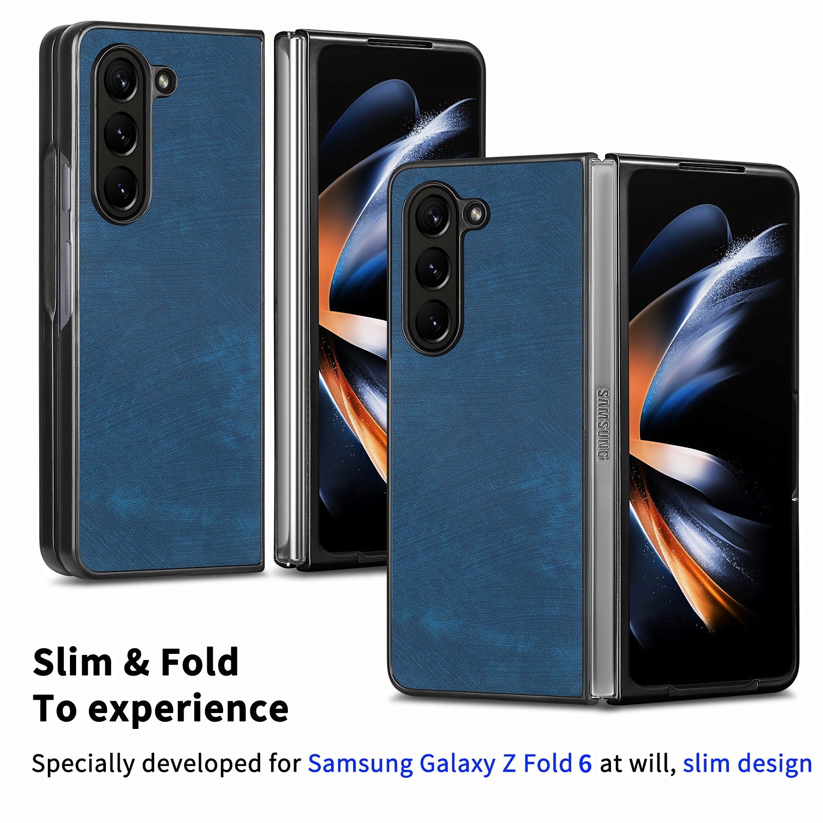 For Samsung Galaxy Z Fold6 5G Case Retro PU Leather Coated PC Folding Phone Cover - Blue