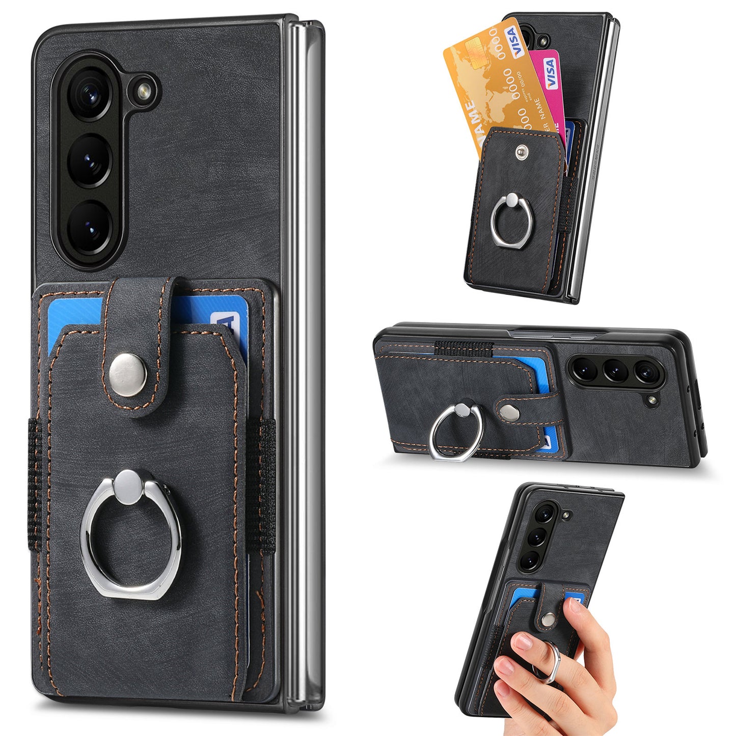 D2 For Samsung Galaxy Z Fold6 5G Case Card Slot Ring Kickstand Leather+PC Phone Cover - Black