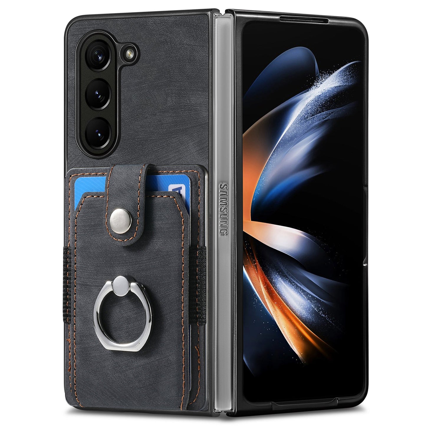 D2 For Samsung Galaxy Z Fold6 5G Case Card Slot Ring Kickstand Leather+PC Phone Cover - Black