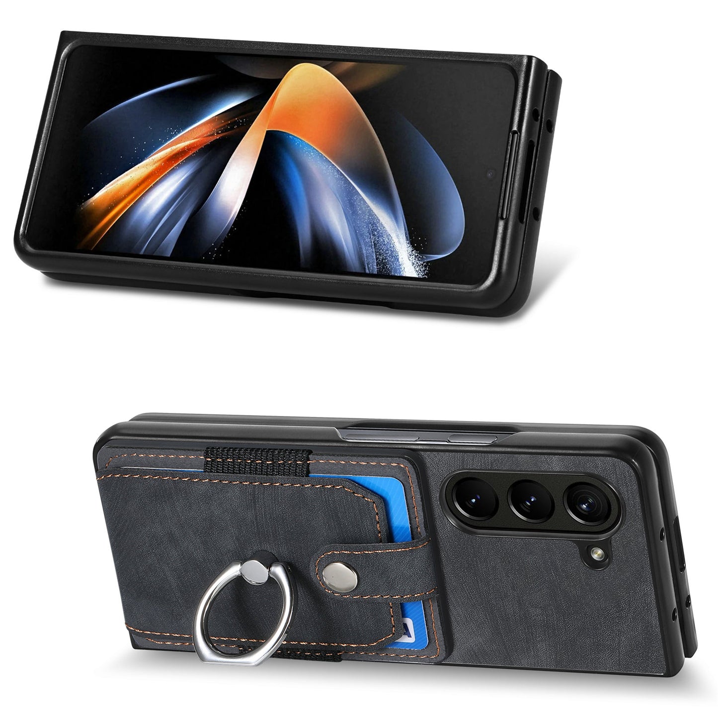 D2 For Samsung Galaxy Z Fold6 5G Case Card Slot Ring Kickstand Leather+PC Phone Cover - Black