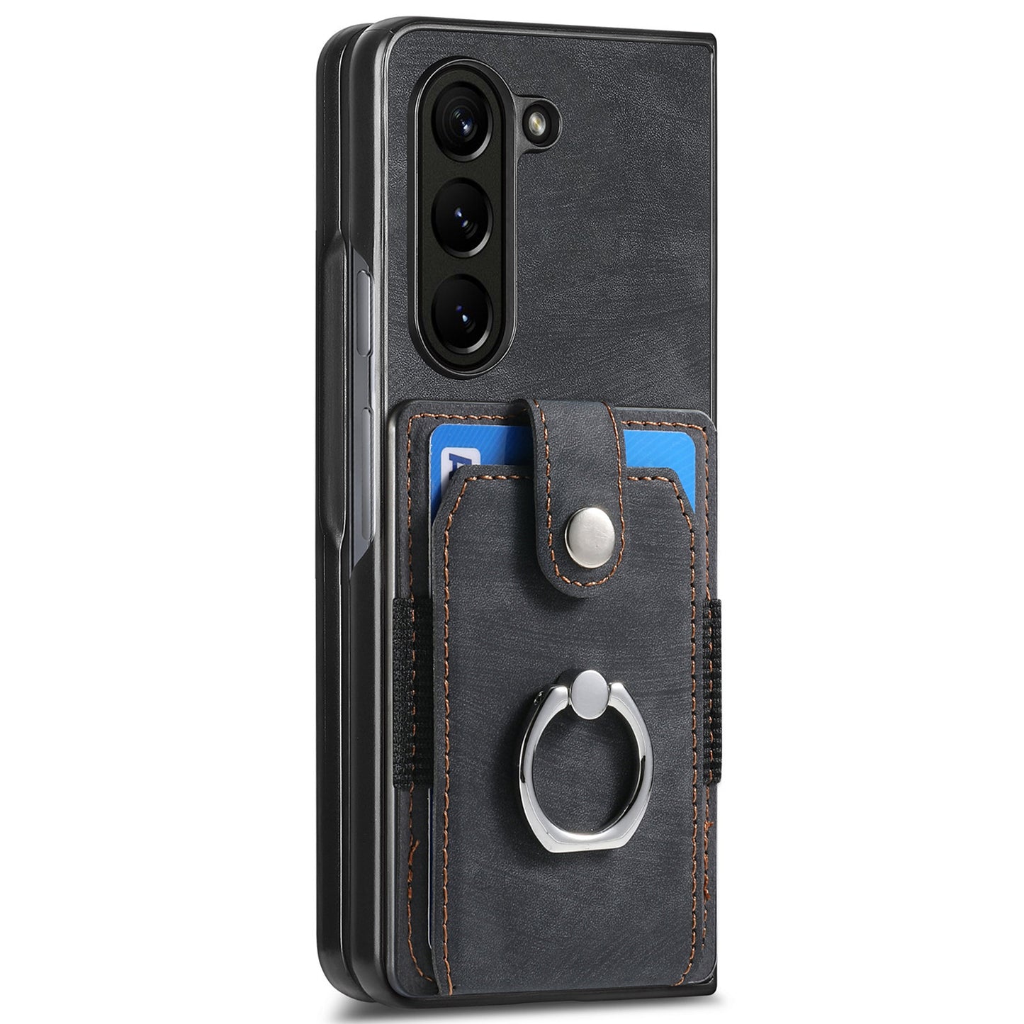 D2 For Samsung Galaxy Z Fold6 5G Case Card Slot Ring Kickstand Leather+PC Phone Cover - Black