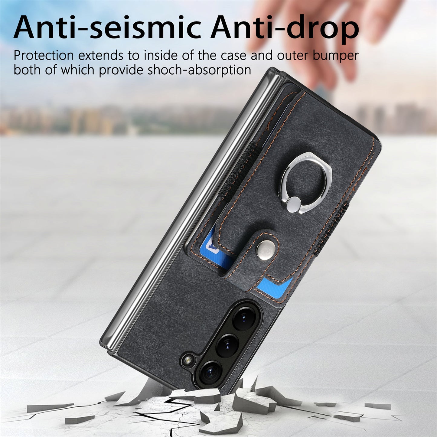 D2 For Samsung Galaxy Z Fold6 5G Case Card Slot Ring Kickstand Leather+PC Phone Cover - Black
