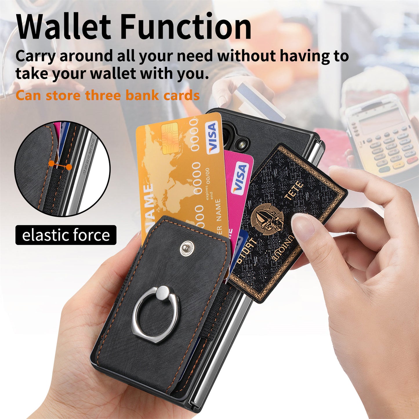 D2 For Samsung Galaxy Z Fold6 5G Case Card Slot Ring Kickstand Leather+PC Phone Cover - Black