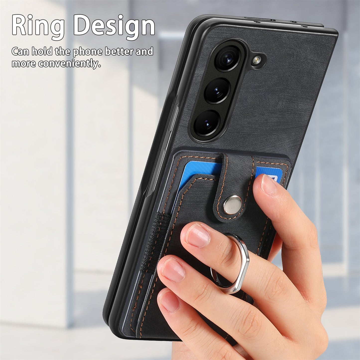 D2 For Samsung Galaxy Z Fold6 5G Case Card Slot Ring Kickstand Leather+PC Phone Cover - Black