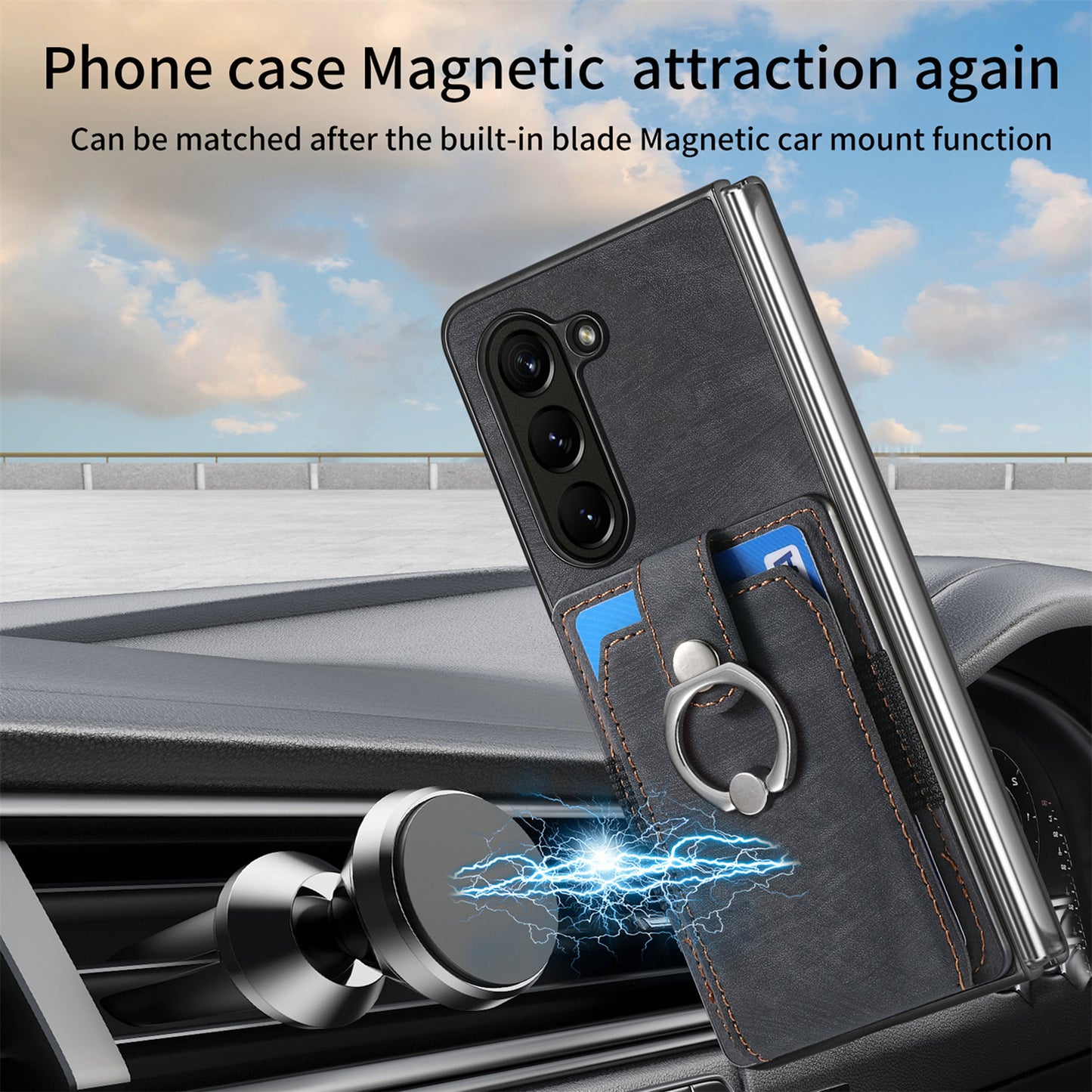 D2 For Samsung Galaxy Z Fold6 5G Case Card Slot Ring Kickstand Leather+PC Phone Cover - Black