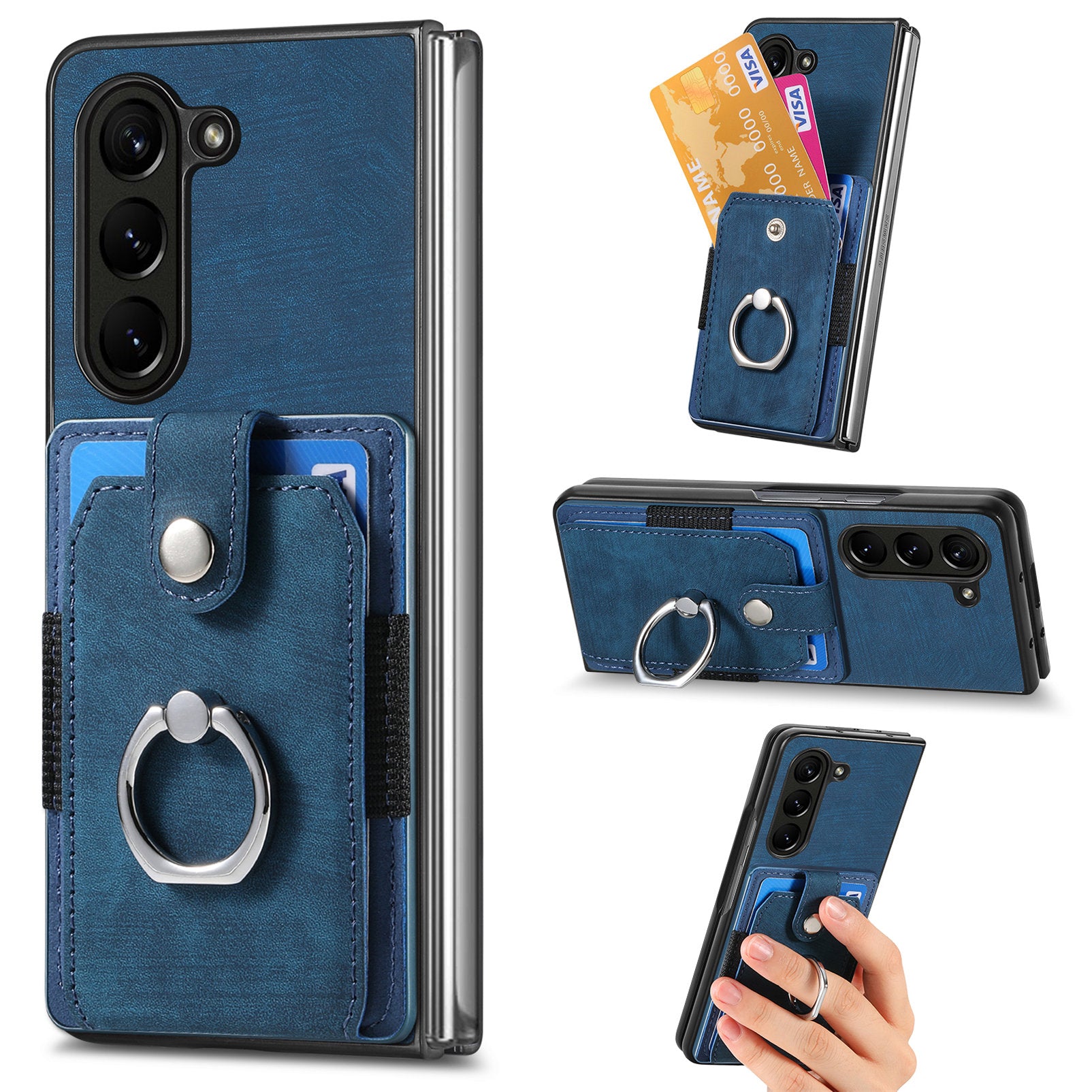 D2 For Samsung Galaxy Z Fold6 5G Case Card Slot Ring Kickstand Leather+PC Phone Cover - Blue