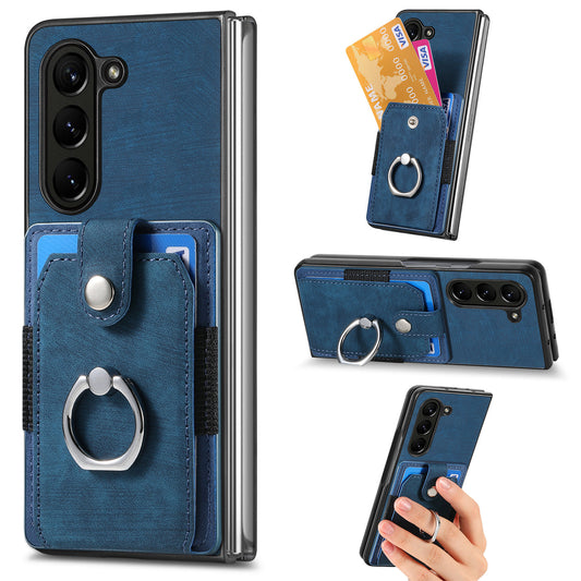 D2 For Samsung Galaxy Z Fold6 5G Case Card Slot Ring Kickstand Leather+PC Phone Cover - Blue