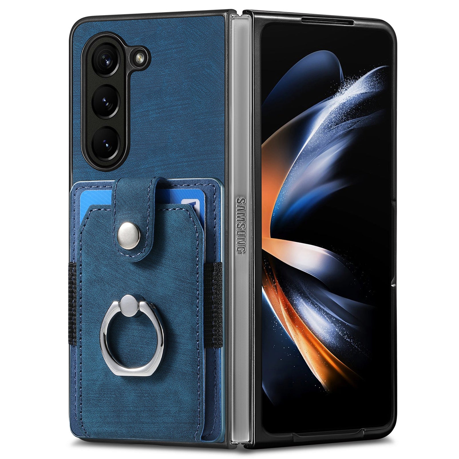 D2 For Samsung Galaxy Z Fold6 5G Case Card Slot Ring Kickstand Leather+PC Phone Cover - Blue