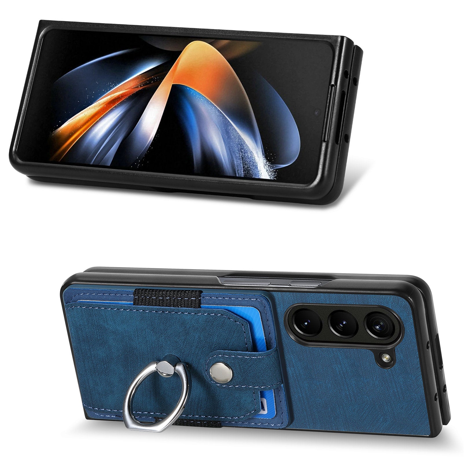 D2 For Samsung Galaxy Z Fold6 5G Case Card Slot Ring Kickstand Leather+PC Phone Cover - Blue