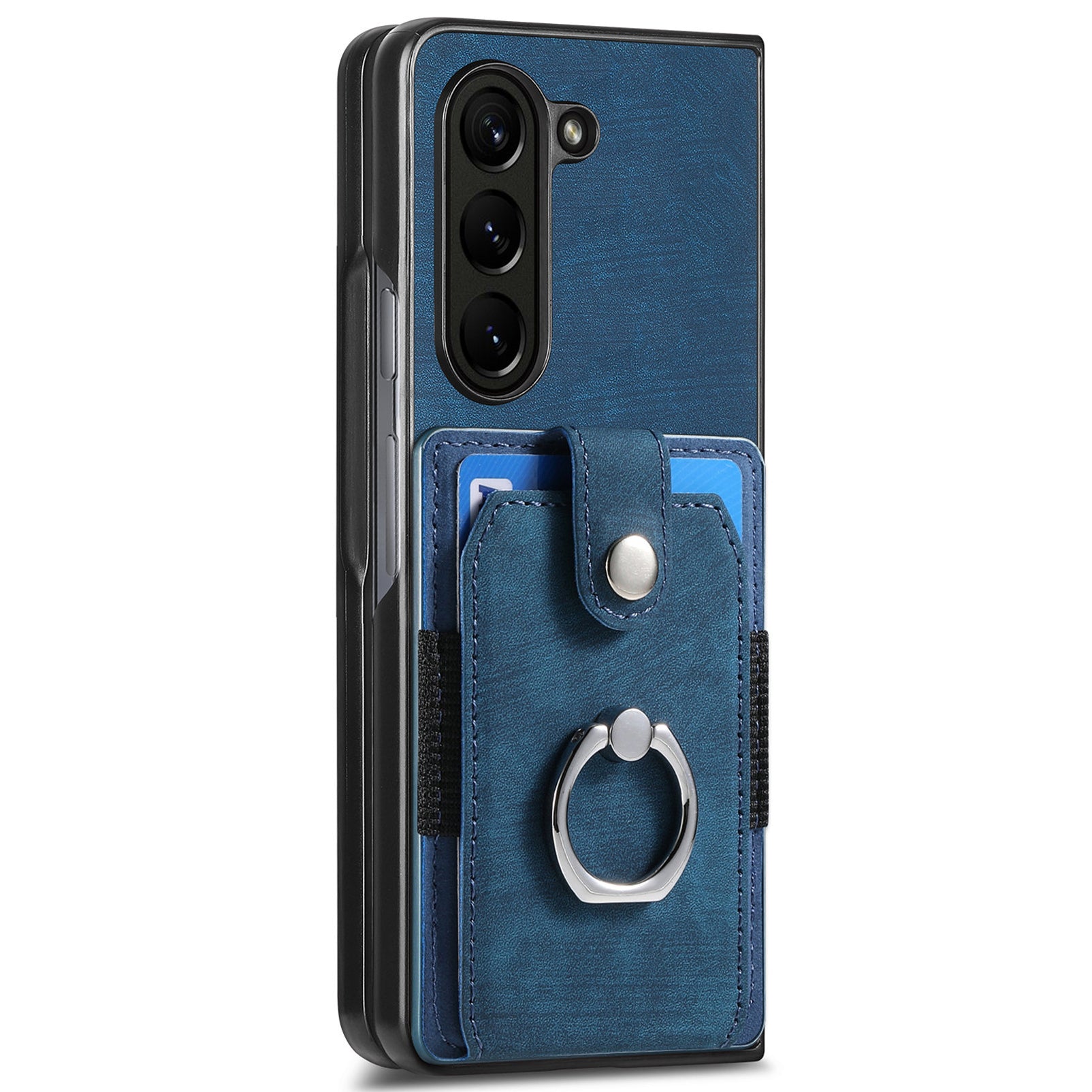 D2 For Samsung Galaxy Z Fold6 5G Case Card Slot Ring Kickstand Leather+PC Phone Cover - Blue
