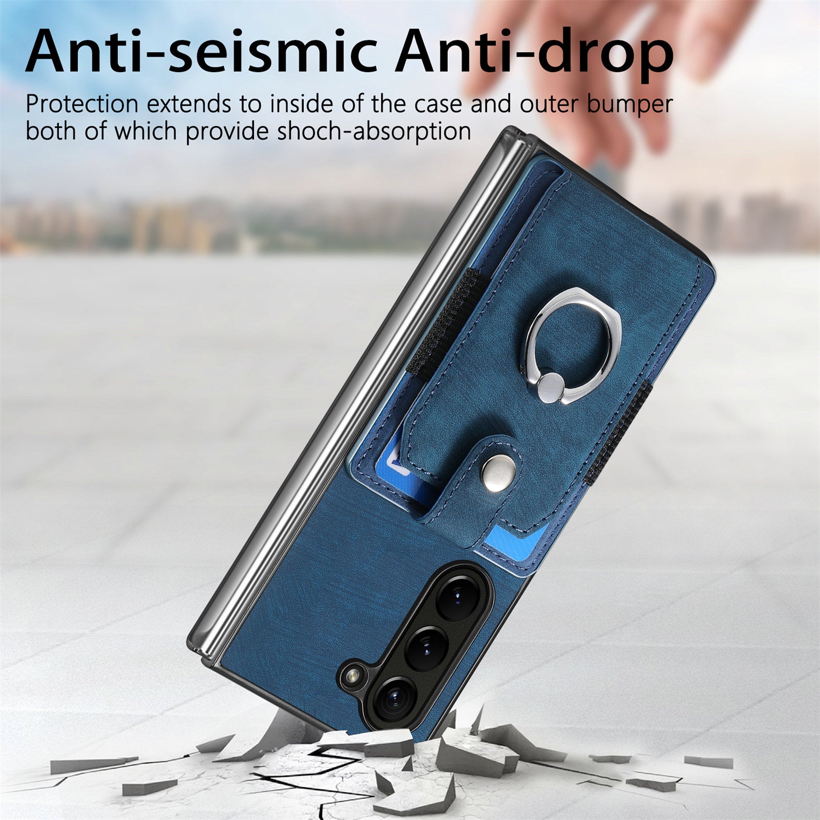 D2 For Samsung Galaxy Z Fold6 5G Case Card Slot Ring Kickstand Leather+PC Phone Cover - Blue